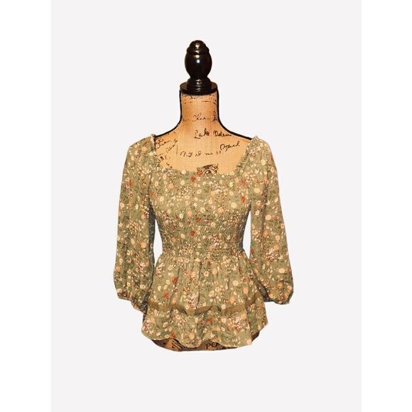 MINE green floral smocked shirt S - Picture 2 of 4